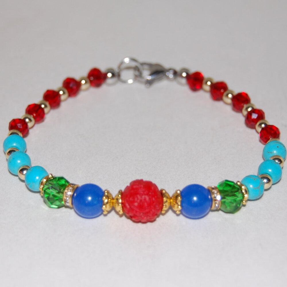 Multicolor Bracelet,Carved Charm,Stone and Glass Beads,Clasp Closure Bracelet